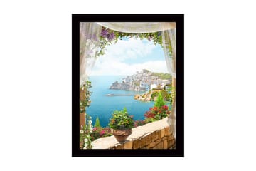 Innrammet lerretsbilde i tre - 41x56 cm - Utsikt over en kystby med blomster i forgrunnen - Blå / Grønn / Rosa - Interiør - Maleri & posters - Lerretsbilder
