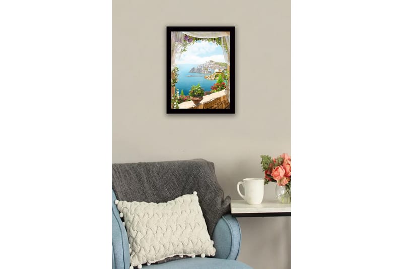 Innrammet lerretsbilde i tre - 41x56 cm - Utsikt over en kystby med blomster i forgrunnen - Blå / Grønn / Rosa - Interiør - Maleri & posters - Lerretsbilder