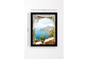 Innrammet lerretsbilde i tre - 41x56 cm - Utsikt over en kystby med blomster i forgrunnen - Blå / Grønn / Rosa - Interiør - Maleri & posters - Lerretsbilder