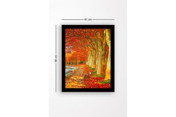 Innrammet lerretsbilde i tre - 41x56 cm - Vakker allé med høstfargede trær og en benk langs en tursti - Oransje / Gull / Grønn - Interiør - Maleri & posters - Lerretsbilder