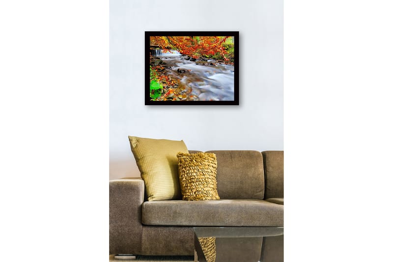 Innrammet lerretsbilde i tre - 41x56 cm - Vakker bekk med høstfarger og rennende vann - Oransje / Grønn / Brun - Interiør - Maleri & posters - Lerretsbilder