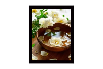 Innrammet lerretsbilde i tre - 41x56 cm - Vakker bolle med flytende blomster og kronblader - Hvit / Grønn / Brun - Interiør - Maleri & posters - Lerretsbilder