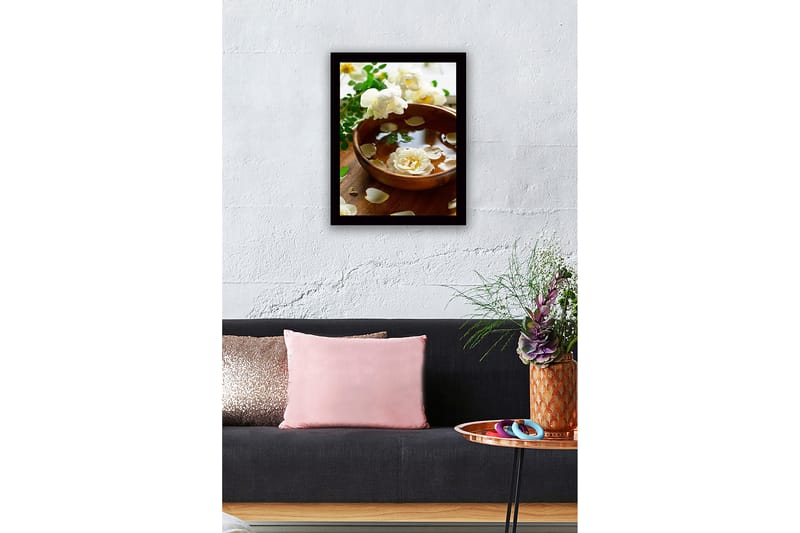 Innrammet lerretsbilde i tre - 41x56 cm - Vakker bolle med flytende blomster og kronblader - Hvit / Grønn / Brun - Interiør - Maleri & posters - Lerretsbilder