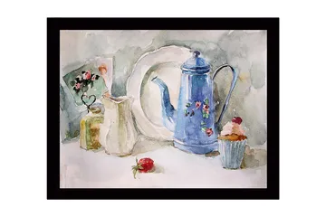 Innrammet lerretsbilde i tre - 41x56 cm - Vakker borddekking med en blå mugge og bakverk - Blå / Hvit / Grønn - Interiør - Maleri & posters - Lerretsbilder