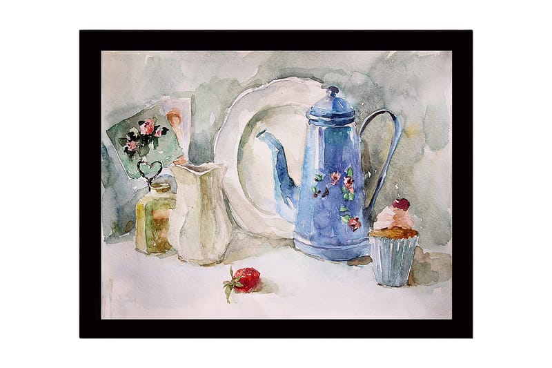 Innrammet lerretsbilde i tre - 41x56 cm - Vakker borddekking med en blå mugge og bakverk, Blå / Hvit / Grønn