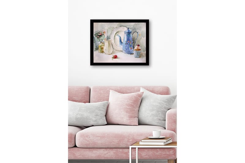 Innrammet lerretsbilde i tre - 41x56 cm - Vakker borddekking med en blå mugge og bakverk - Blå / Hvit / Grønn - Interiør - Maleri & posters - Lerretsbilder