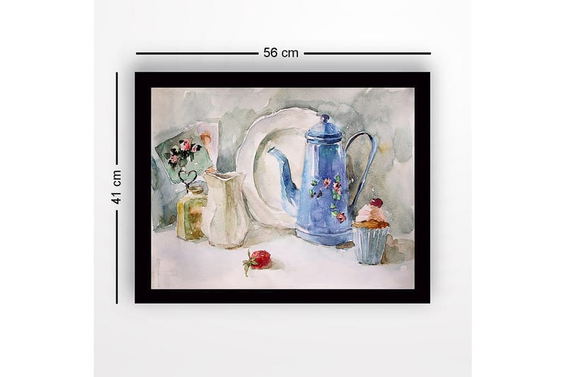 Innrammet lerretsbilde i tre - 41x56 cm - Vakker borddekking med en blå mugge og bakverk - Blå / Hvit / Grønn - Interiør - Maleri & posters - Lerretsbilder