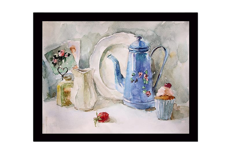 Innrammet lerretsbilde i tre - 41x56 cm - Vakker borddekking med en blå mugge og bakverk, Blå / Hvit / Grønn