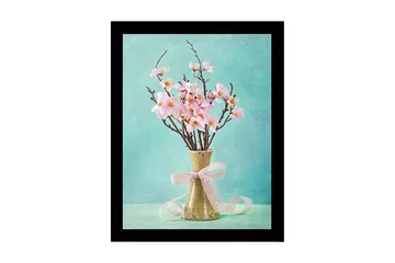 Innrammet lerretsbilde i tre - 41x56 cm - Vakker bukett med rosa blomster i en keramisk vase - Rosa / Grønn / Turkis - Interiør - Maleri & posters - Lerretsbilder