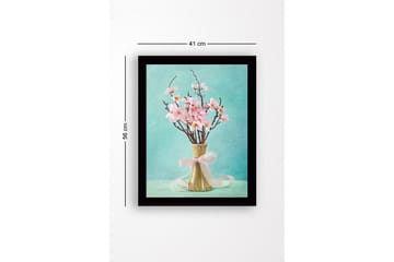 Innrammet lerretsbilde i tre - 41x56 cm - Vakker bukett med rosa blomster i en keramisk vase - Rosa / Grønn / Turkis - Interiør - Maleri & posters - Lerretsbilder