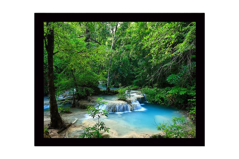 Innrammet lerretsbilde i tre - 41x56 cm - Vakker foss i et frodig skogsmiljø, Grønn / Blå / Beige