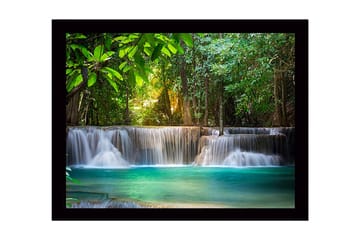 Innrammet lerretsbilde i tre - 41x56 cm - Vakker foss i et frodig skogsmiljø - Grønn / Turkis / Brun - Interiør - Maleri & posters - Lerretsbilder