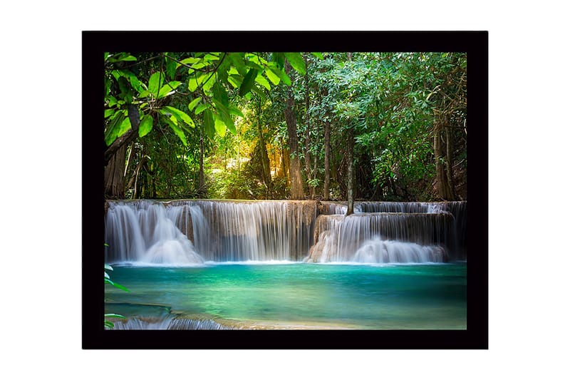 Innrammet lerretsbilde i tre - 41x56 cm - Vakker foss i et frodig skogsmiljø, Grønn / Turkis / Brun