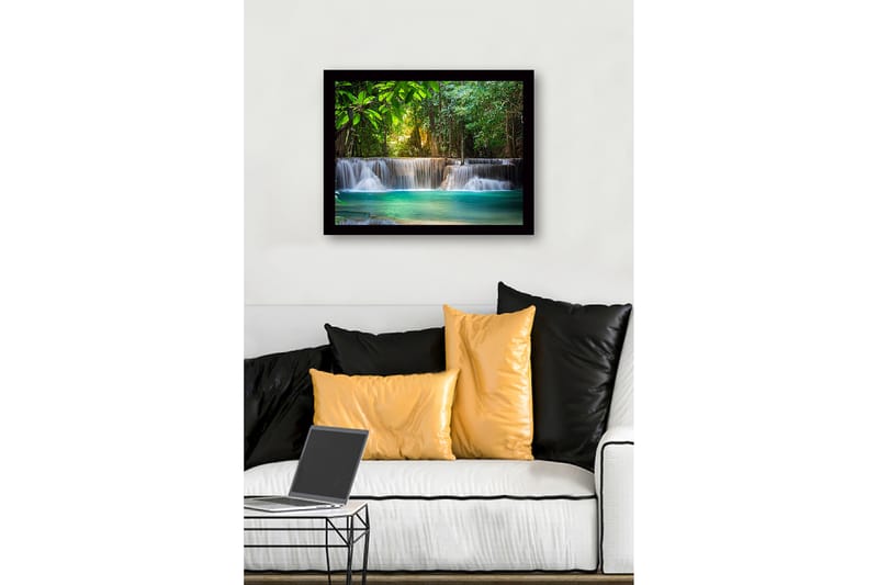 Innrammet lerretsbilde i tre - 41x56 cm - Vakker foss i et frodig skogsmiljø - Grønn / Turkis / Brun - Interiør - Maleri & posters - Lerretsbilder
