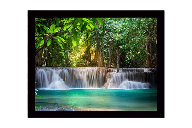 Innrammet lerretsbilde i tre - 41x56 cm - Vakker foss i et frodig skogsmiljø, Grønn / Turkis / Brun