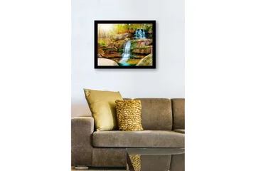 Innrammet lerretsbilde i tre - 41x56 cm - Vakker foss i et høstlig skogsmiljø - Grønn / Oransje / Blå - Interiør - Maleri & posters - Lerretsbilder