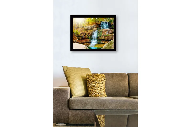 Innrammet lerretsbilde i tre - 41x56 cm - Vakker foss i et høstlig skogsmiljø - Grønn / Oransje / Blå - Interiør - Maleri & posters - Lerretsbilder