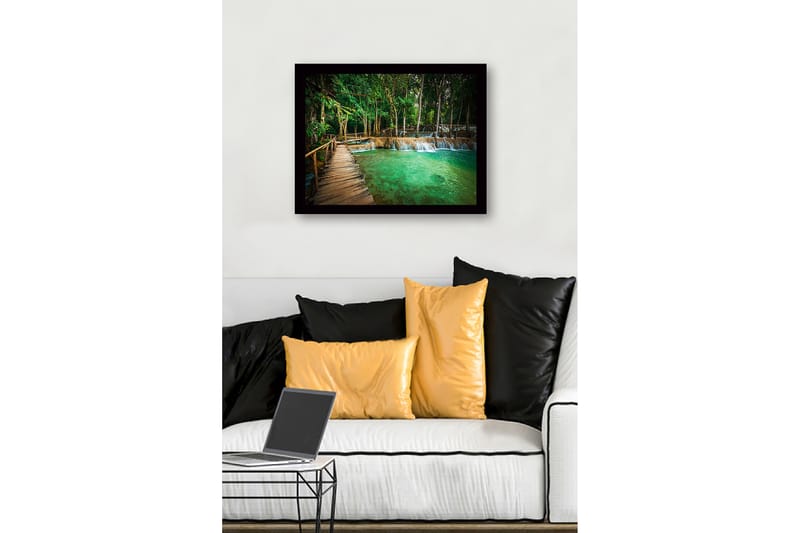 Innrammet lerretsbilde i tre - 41x56 cm - Vakker foss med frodige omgivelser - Grønn / Turkis / Brun - Interiør - Maleri & posters - Lerretsbilder