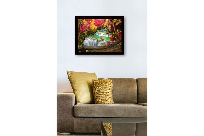 Innrammet lerretsbilde i tre - 41x56 cm - Vakker foss med omgivende høstfarger - Rød / Gul / Turkis - Interiør - Maleri & posters - Lerretsbilder