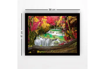 Innrammet lerretsbilde i tre - 41x56 cm - Vakker foss med omgivende høstfarger - Rød / Gul / Turkis - Interiør - Maleri & posters - Lerretsbilder