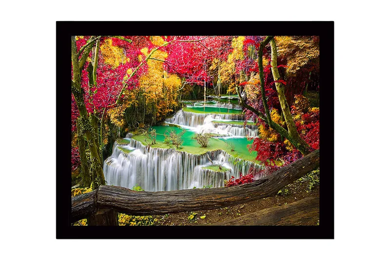 Innrammet lerretsbilde i tre - 41x56 cm - Vakker foss med omgivende høstfarger, Rød / Gul / Turkis