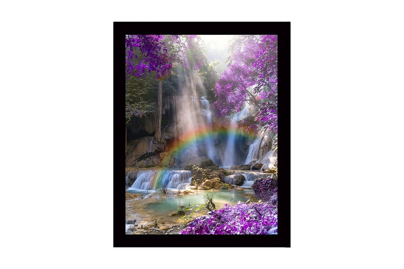 Innrammet lerretsbilde i tre - 41x56 cm - Vakker foss med regnbue omgitt av lilla blomster og frodige trær, Lilla / Grønn / Blå