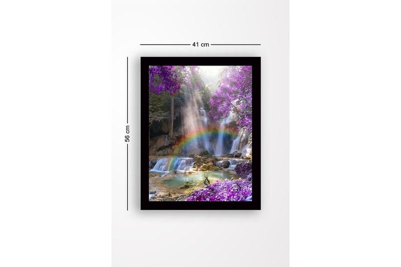 Innrammet lerretsbilde i tre - 41x56 cm - Vakker foss med regnbue omgitt av lilla blomster og frodige trær - Lilla / Grønn / Blå - Interiør - Maleri & posters - Lerretsbilder
