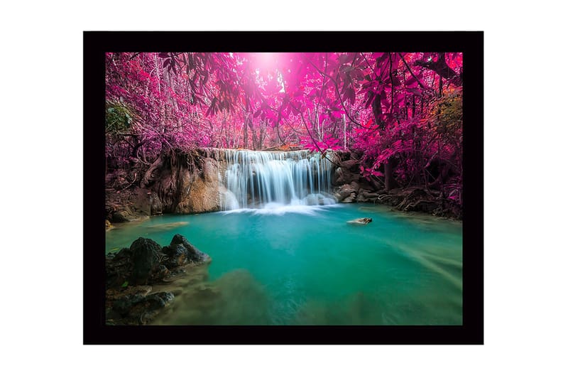 Innrammet lerretsbilde i tre - 41x56 cm - Vakker foss omgitt av rosa trær og frodig vegetasjon, Rosa / Turkis