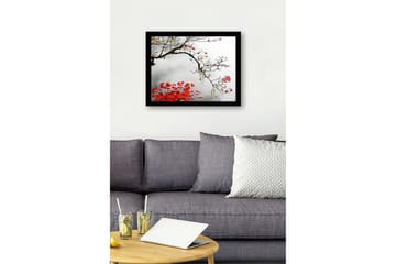 Innrammet lerretsbilde i tre - 41x56 cm - Vakker gren med røde høstblader mot en tåkete bakgrunn - Rød / Grå / Brun - Interiør - Maleri & posters - Lerretsbilder