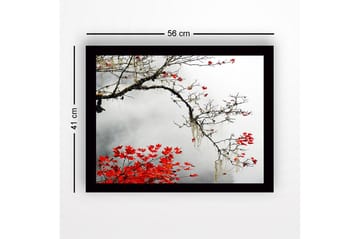 Innrammet lerretsbilde i tre - 41x56 cm - Vakker gren med røde høstblader mot en tåkete bakgrunn - Rød / Grå / Brun - Interiør - Maleri & posters - Lerretsbilder