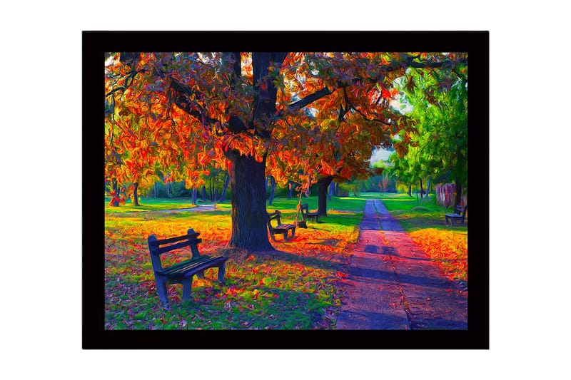 Innrammet lerretsbilde i tre - 41x56 cm - Vakker høstscene med fargerike trær og benker i en park, Oransje / Grønn / Brun