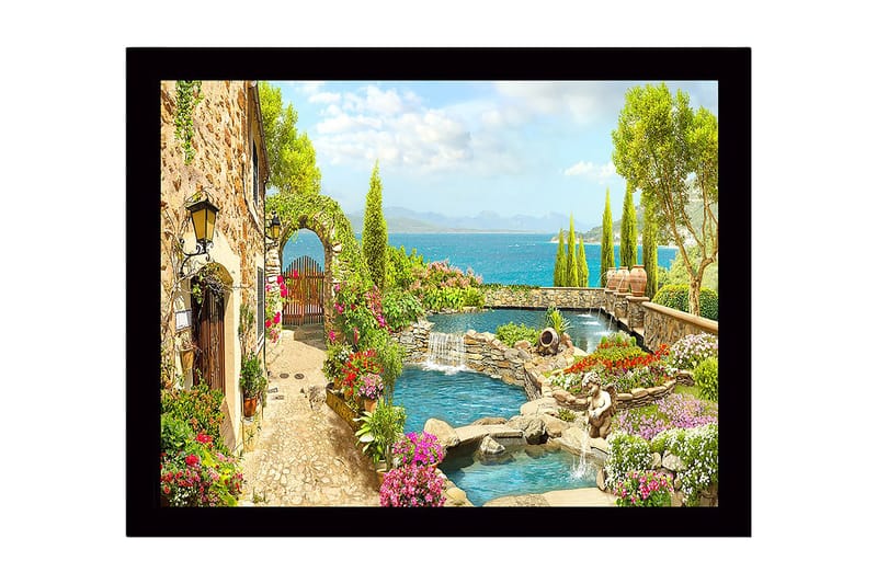 Innrammet lerretsbilde i tre - 41x56 cm - Vakker hage med blomsteroppsatser og en rolig vannflate, Grønn / Rosa / Blå