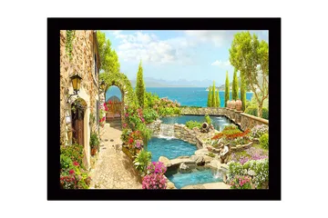 Innrammet lerretsbilde i tre - 41x56 cm - Vakker hage med blomsteroppsatser og en rolig vannflate - Grønn / Rosa / Blå - Interiør - Maleri & posters - Lerretsbilder