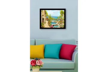 Innrammet lerretsbilde i tre - 41x56 cm - Vakker hage med blomsteroppsatser og en rolig vannflate - Grønn / Rosa / Blå - Interiør - Maleri & posters - Lerretsbilder