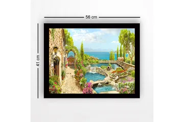 Innrammet lerretsbilde i tre - 41x56 cm - Vakker hage med blomsteroppsatser og en rolig vannflate - Grønn / Rosa / Blå - Interiør - Maleri & posters - Lerretsbilder