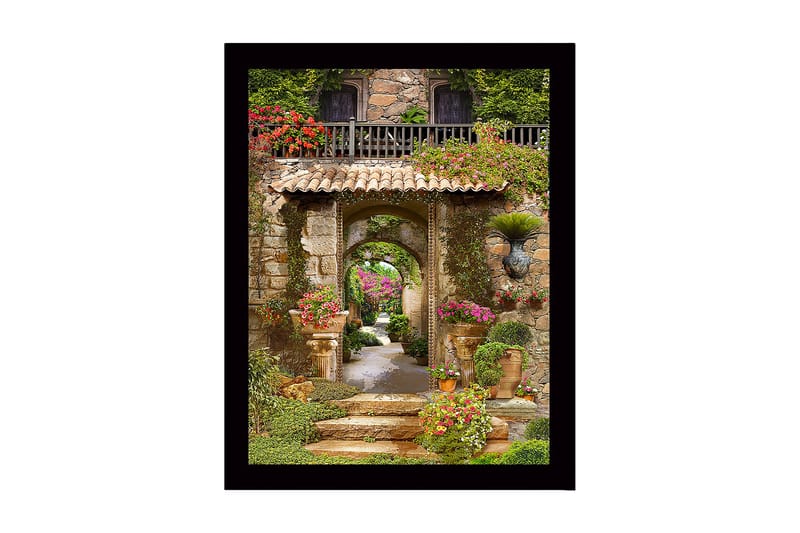 Innrammet lerretsbilde i tre - 41x56 cm - Vakker hage med blomsteroppsatser og steinarkitektur, Grønn / Rosa / Beige