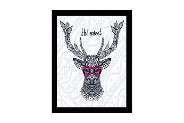 Innrammet lerretsbilde i tre - 41x56 cm - Vakker hjort med briller og detaljert mønster - Mørk blå / Rosa / Hvit - Interiør - Maleri & posters - Lerretsbilder