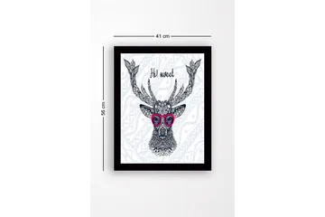 Innrammet lerretsbilde i tre - 41x56 cm - Vakker hjort med briller og detaljert mønster - Mørk blå / Rosa / Hvit - Interiør - Maleri & posters - Lerretsbilder