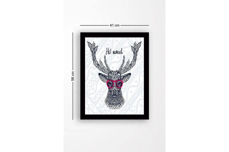 Innrammet lerretsbilde i tre - 41x56 cm - Vakker hjort med briller og detaljert mønster - Mørk blå / Rosa / Hvit - Interiør - Maleri & posters - Lerretsbilder