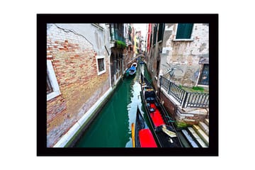 Innrammet lerretsbilde i tre - 41x56 cm - Vakker kanal med gondoler i Venezia - Grønn / Rød / Brun - Interiør - Maleri & posters - Lerretsbilder
