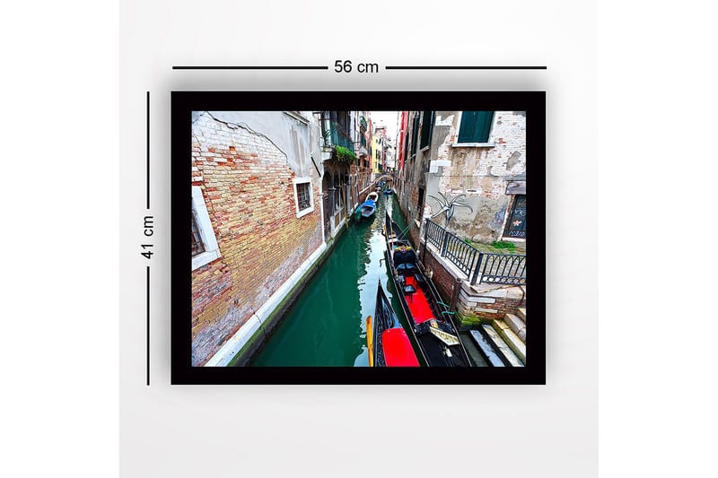 Innrammet lerretsbilde i tre - 41x56 cm - Vakker kanal med gondoler i Venezia - Grønn / Rød / Brun - Interiør - Maleri & posters - Lerretsbilder