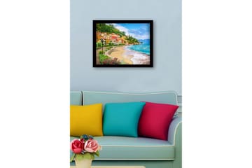 Innrammet lerretsbilde i tre - 41x56 cm - Vakker kystlinje med fargerike hus og frodige omgivelser - Blå / Grønn / Gul - Interiør - Maleri & posters - Lerretsbilder