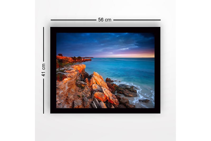 Innrammet lerretsbilde i tre - 41x56 cm - Vakker kystlinje med klipper og hav i skumringslys - Turkis / Oransje / Grå - Interiør - Maleri & posters - Lerretsbilder