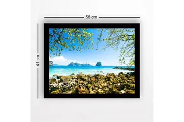 Innrammet lerretsbilde i tre - 41x56 cm - Vakker kystlinje med klipper og klart blått hav - Blå / Grønn / Beige - Interiør - Maleri & posters - Lerretsbilder