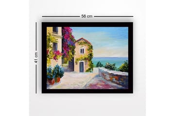 Innrammet lerretsbilde i tre - 41x56 cm - Vakker kystutsikt med blomster og en pittoresk bygning - Lilla / Grønn / Blå - Interiør - Maleri & posters - Lerretsbilder