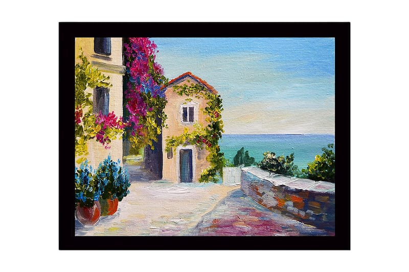 Innrammet lerretsbilde i tre - 41x56 cm - Vakker kystutsikt med blomster og en pittoresk bygning, Lilla / Grønn / Blå