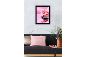 Innrammet lerretsbilde i tre - 41x56 cm - Vakker orkide med steiner og vanndråper - Rosa / Svart - Interiør - Maleri & posters - Lerretsbilder