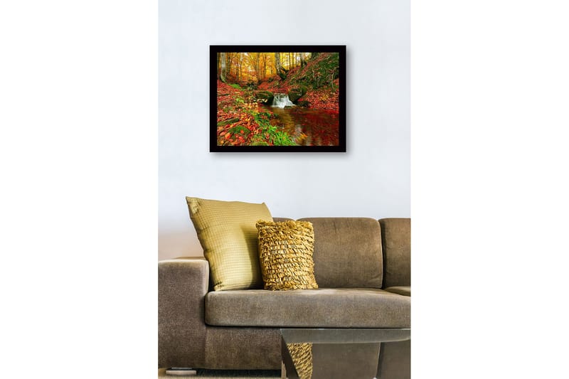 Innrammet lerretsbilde i tre - 41x56 cm - Vakker skog med en klukkende bekk omgitt av høstfarger - Rød / Oransje / Grønn - Interiør - Maleri & posters - Lerretsbilder