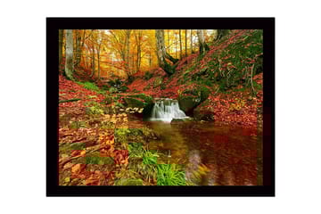 Innrammet lerretsbilde i tre - 41x56 cm - Vakker skog med en klukkende bekk omgitt av høstfarger - Rød / Oransje / Grønn - Interiør - Maleri & posters - Lerretsbilder
