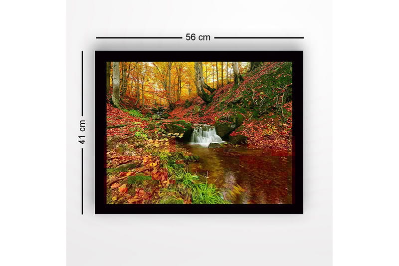 Innrammet lerretsbilde i tre - 41x56 cm - Vakker skog med en klukkende bekk omgitt av høstfarger - Rød / Oransje / Grønn - Interiør - Maleri & posters - Lerretsbilder